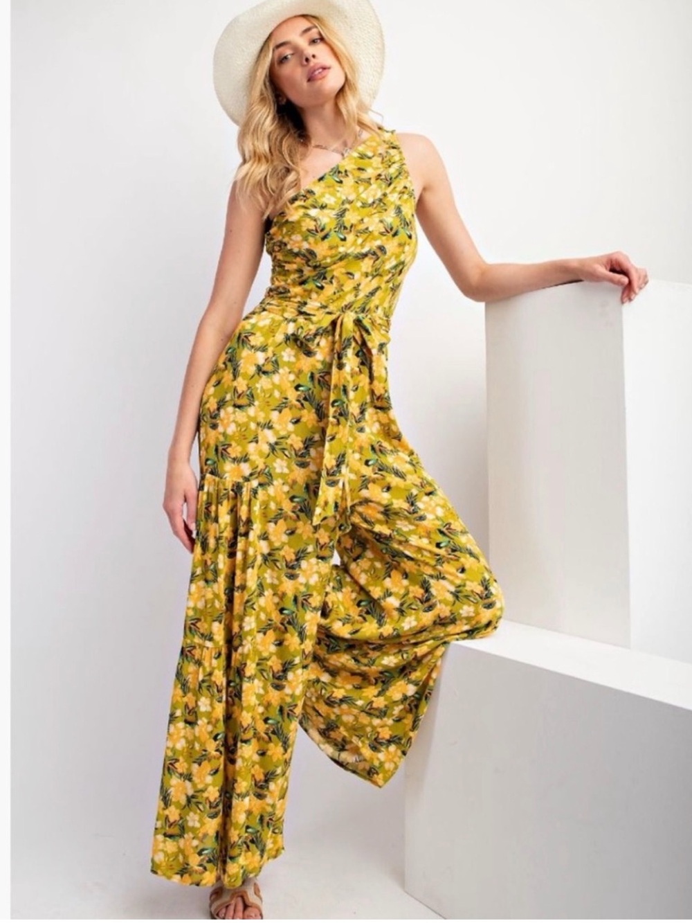 easel Yellow Floral One-Shoulder Jumpsuit